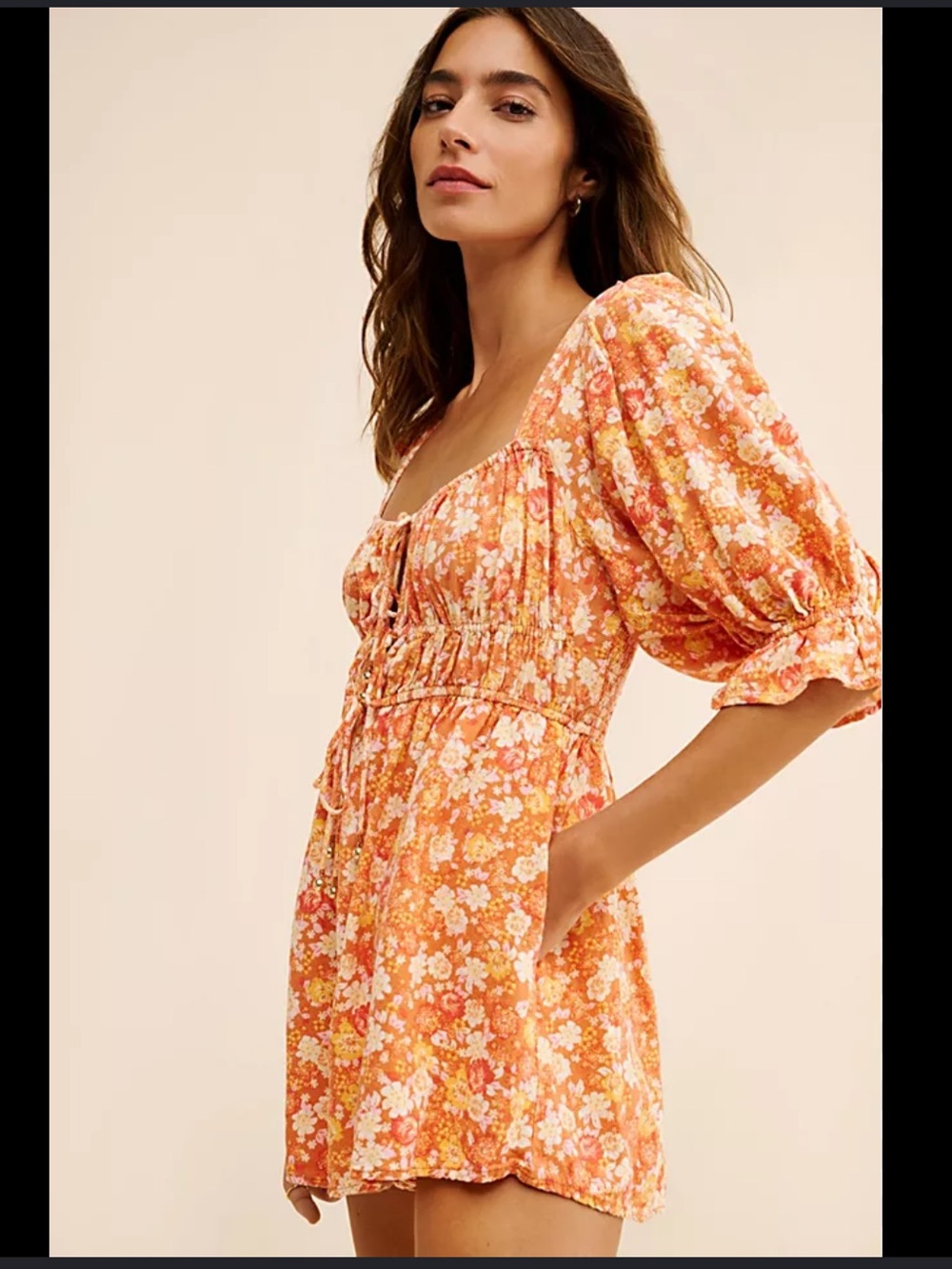 NWT Free People Show Me Love Floral Romper Orange Red Square Neck Puff Sleeve